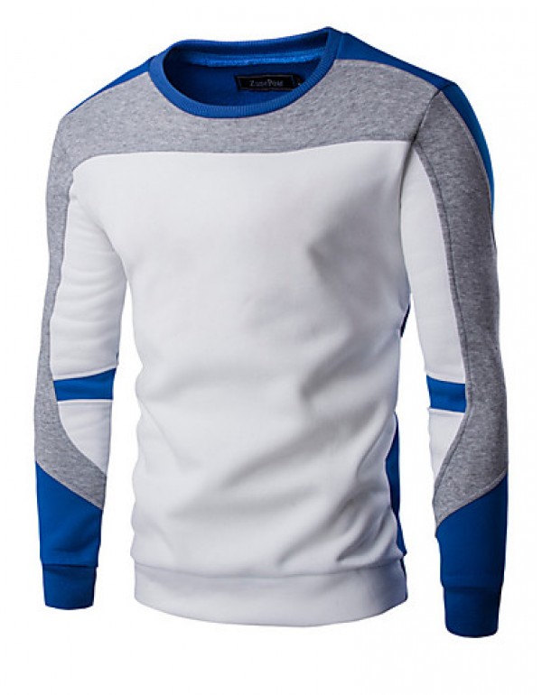 Men's Casual/Daily / Sports Simple / Active Regular Hoodies,Color Block Blue / White / Black Round Neck Long Sleeve Cotton Spring / Fall