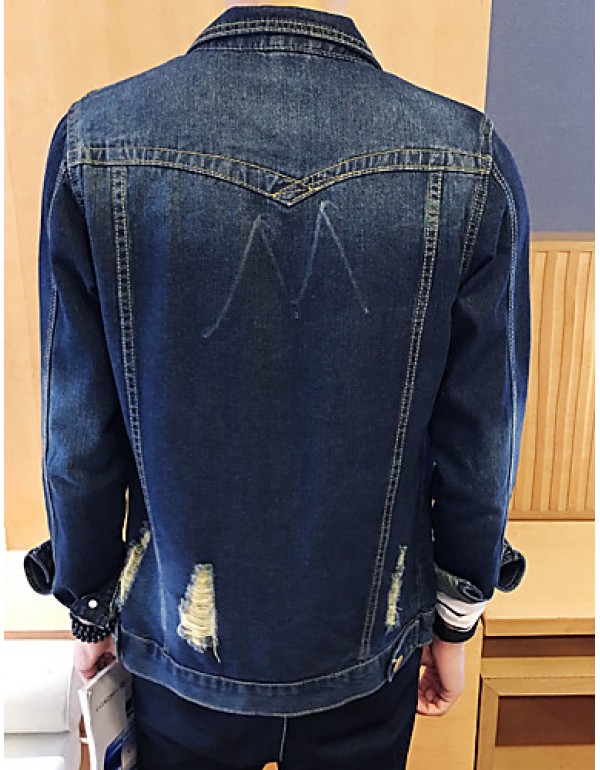 Men's Fashion Solid Broken Hole Slim Fit Casual Long Sleeve Denim Jacket,Cotton/Print/Casual/Plus Size