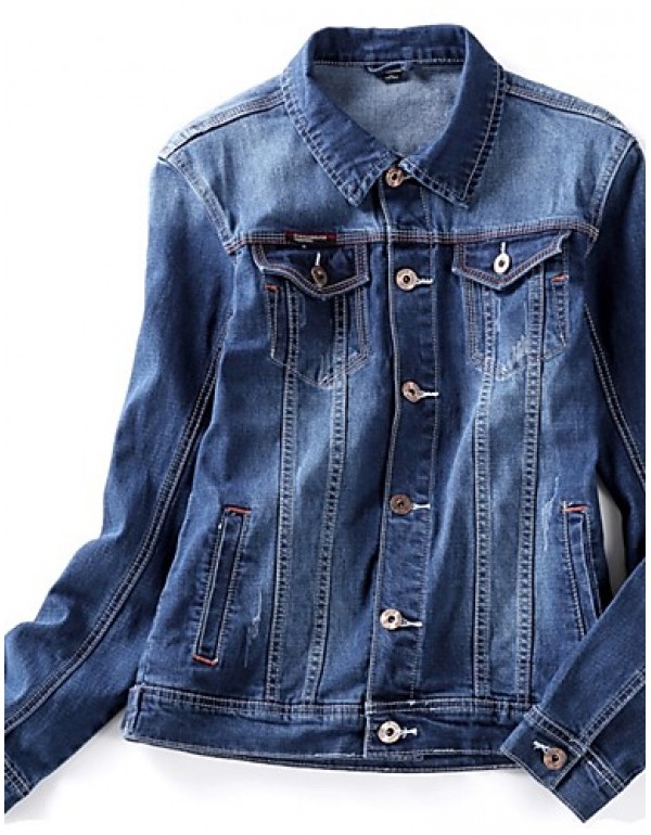 Men's Korean Slim Stretch Bleached Denim Jacket,Cotton / Polyester Solid Blue