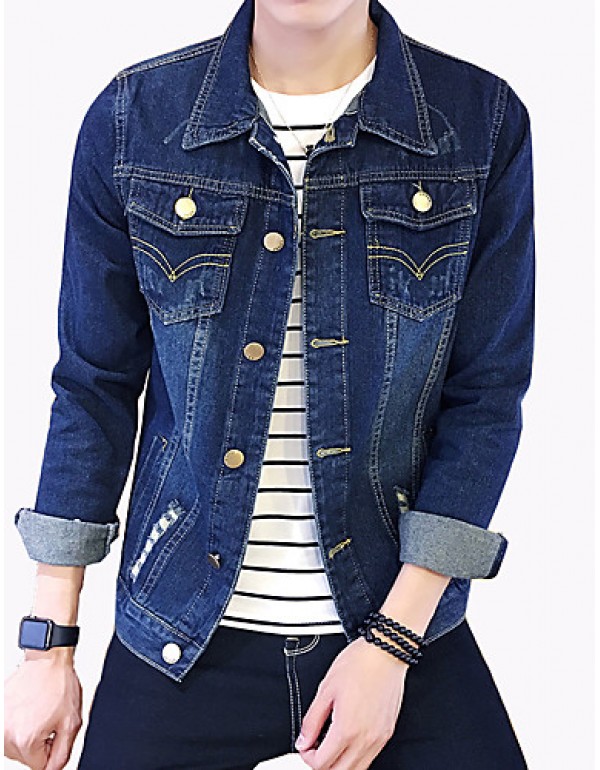 Men's Fashion Solid Broken Hole Slim Fit Casual Long Sleeve Denim Jacket,Cotton/Print/Casual/Plus Size
