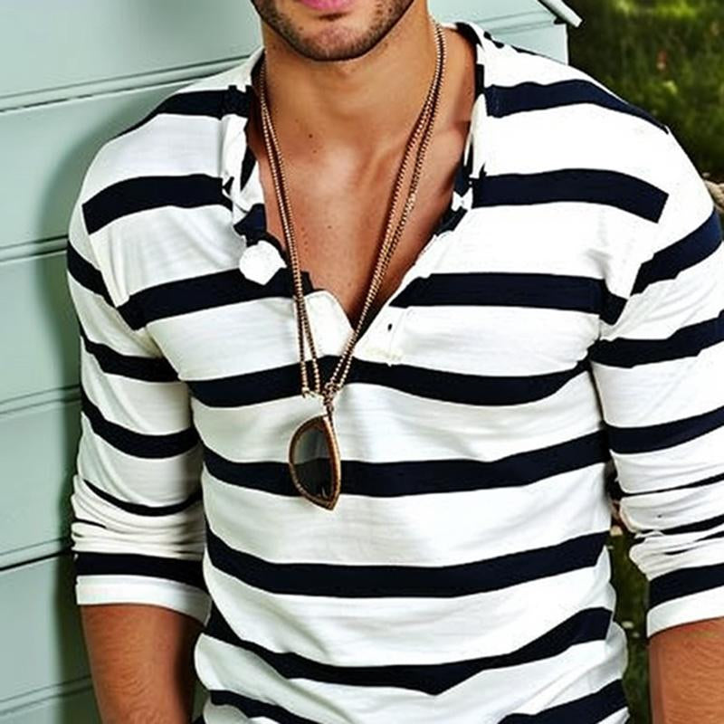 Men's Casual Striped Henley Collar Long Sleeve T-Shirt