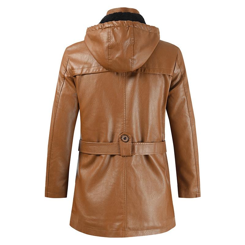 Men's Vintage Hooded Mid Length Leather Coat