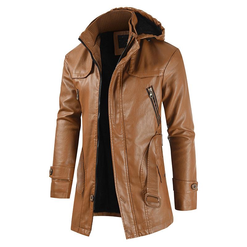 Men's Vintage Hooded Mid Length Leather Coat