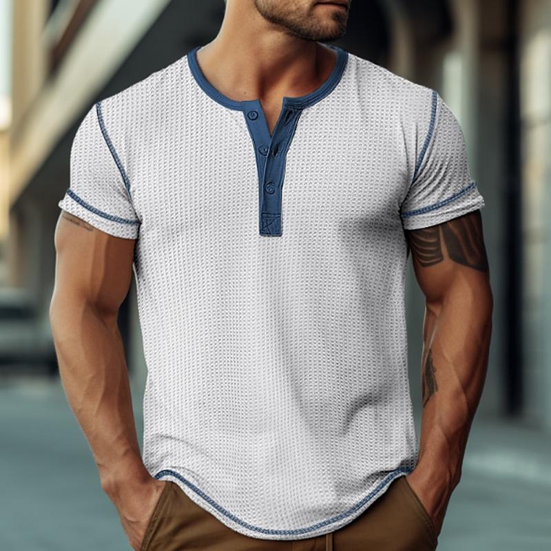 Men's Waffle Henley Collar Color Block Short Sleeves T-shirt
