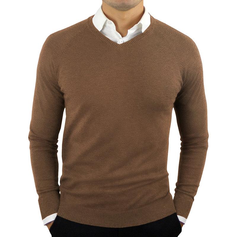 Men's V-neck Solid Color Long-sleeved Bottoming Sweater