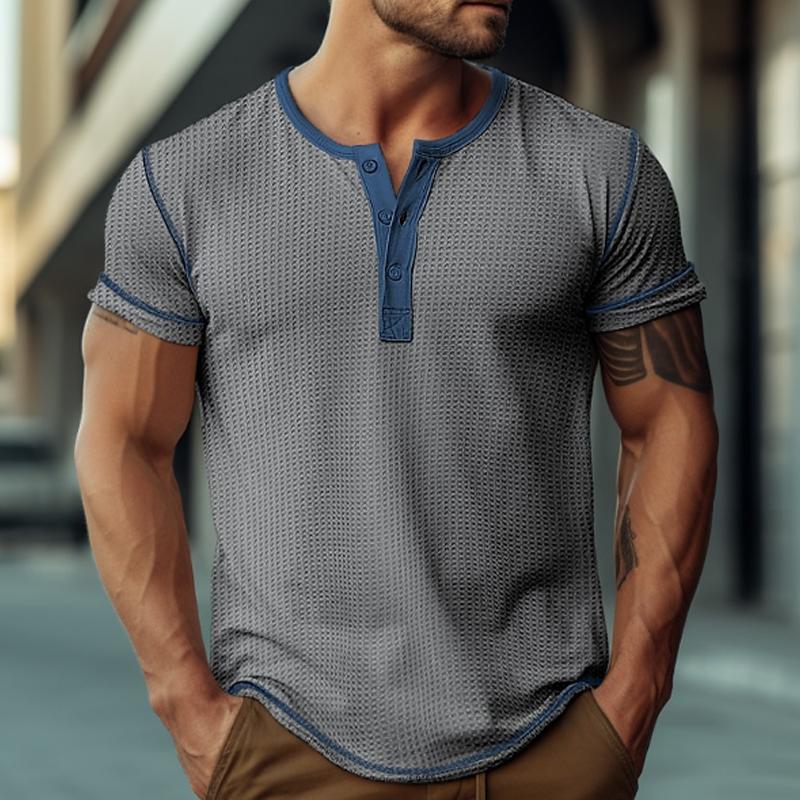 Men's Waffle Henley Collar Color Block Short Sleeves T-shirt