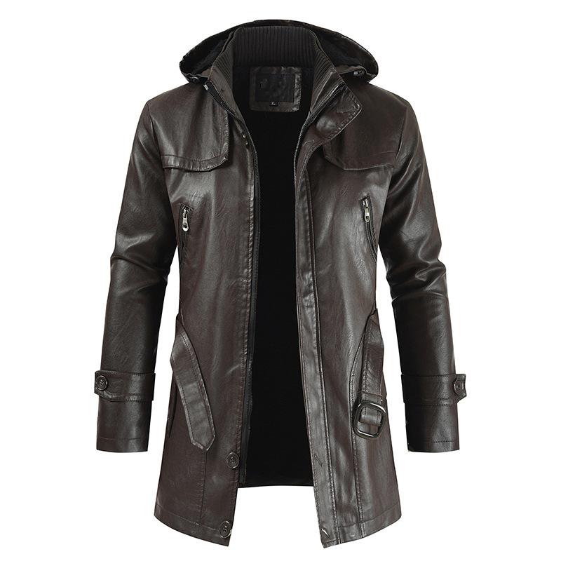 Men's Vintage Hooded Mid Length Leather Coat