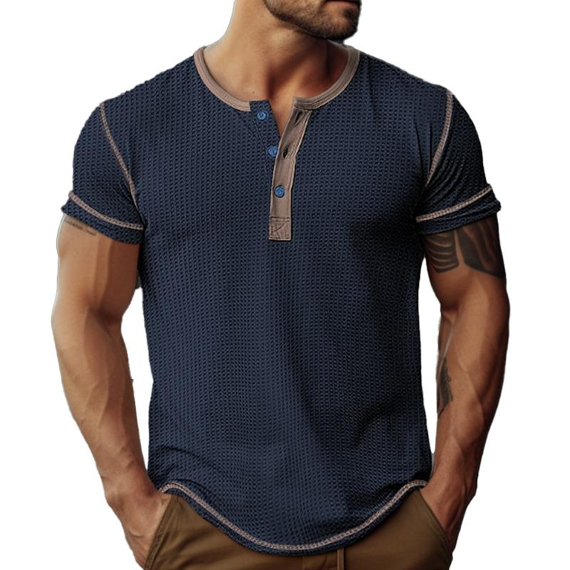Men's Waffle Henley Collar Color Block Short Sleeves T-shirt