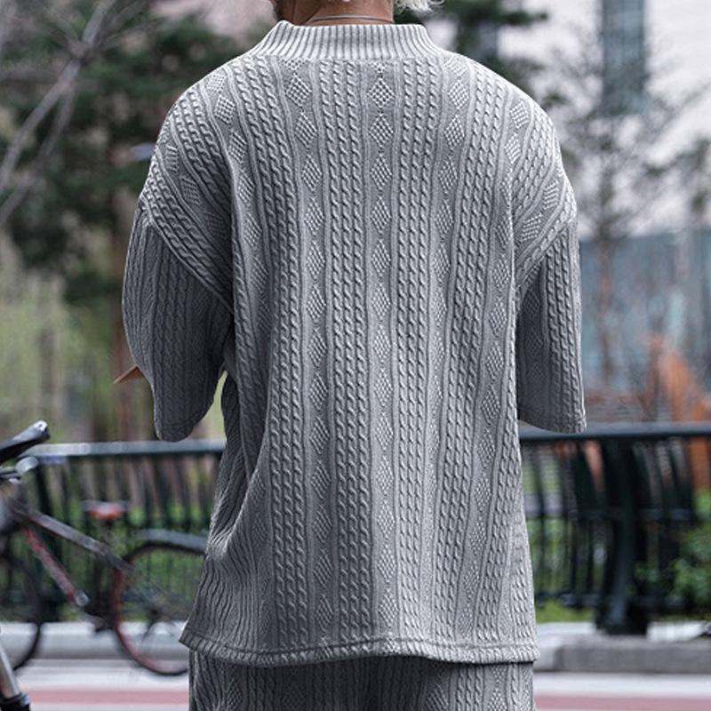 Men's Solid V Neck Jacquard Knitwear Half Sleeve T-Shirt