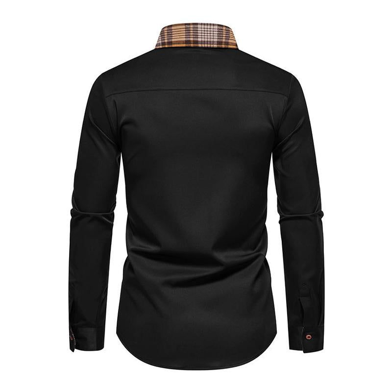 Men's Casual Plaid Color Block Lapel Long Sleeve Shirt