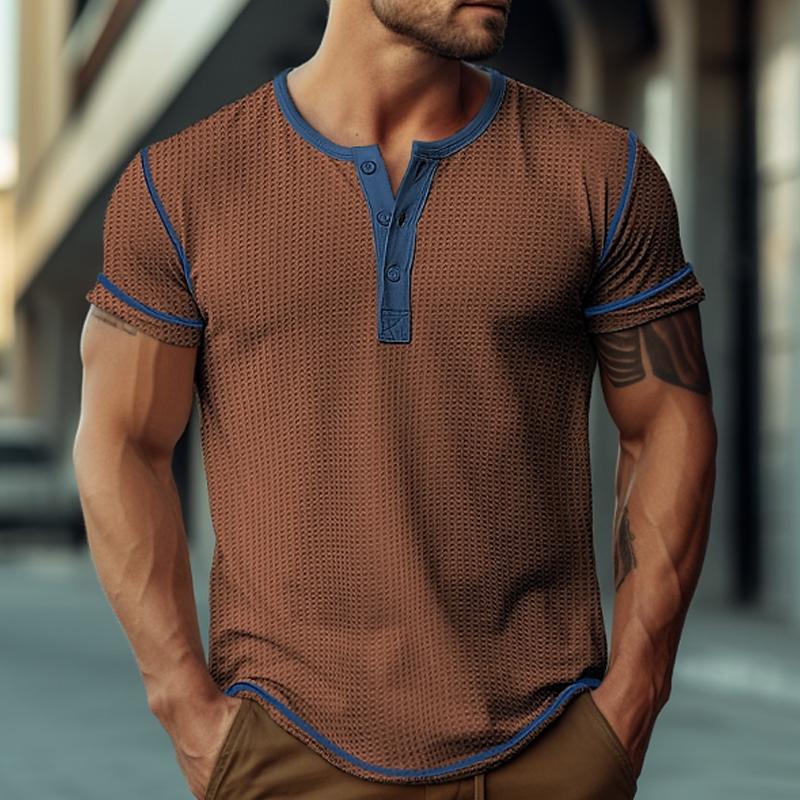 Men's Waffle Henley Collar Color Block Short Sleeves T-shirt
