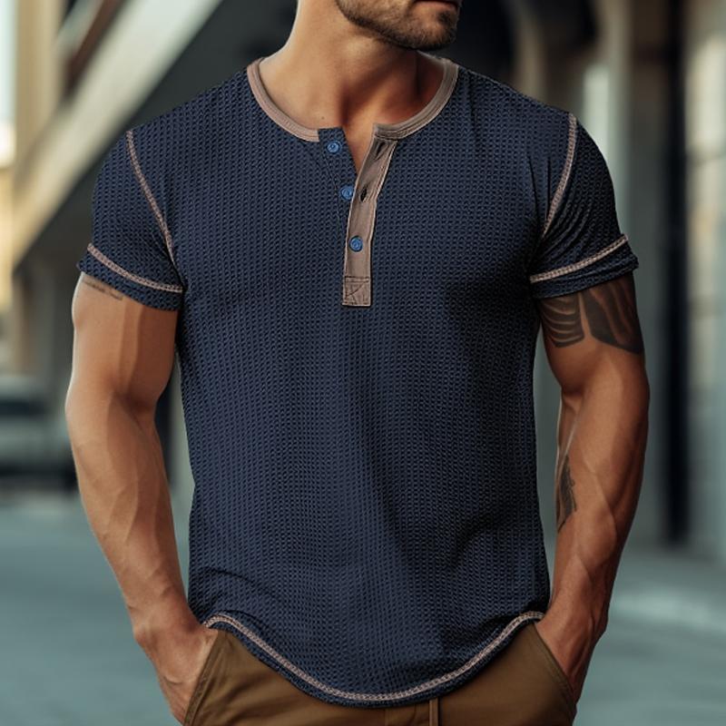 Men's Waffle Henley Collar Color Block Short Sleeves T-shirt