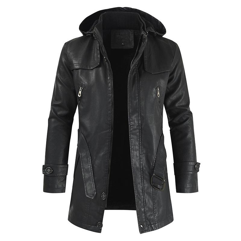 Men's Vintage Hooded Mid Length Leather Coat