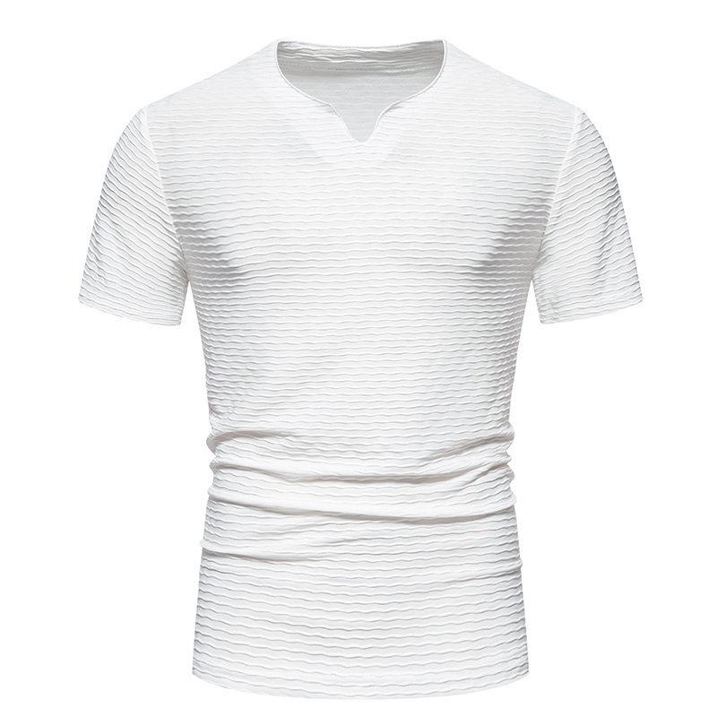 Men's Solid Striped Small V Neck Short Sleeve Casu...