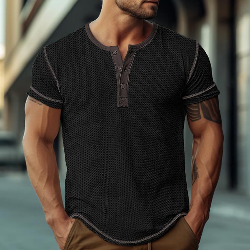 Men's Waffle Henley Collar Color Block Short Sleeves T-shirt