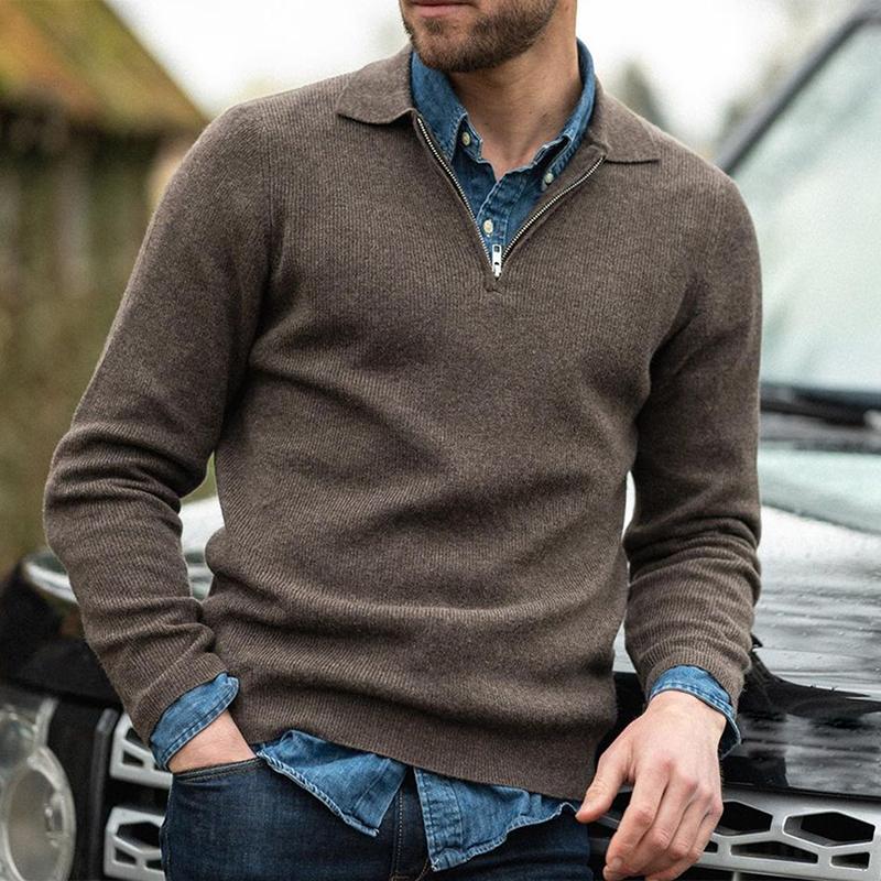Men's Casual Vintage Solid Color Lapel Zipper Sweater