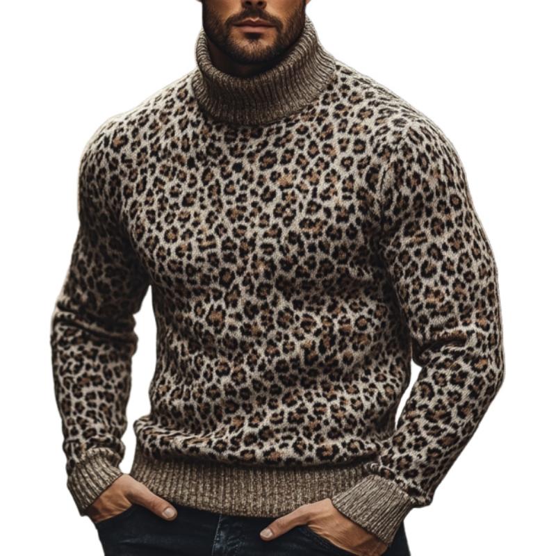 Men's Fashion Leopard Jacquard Turtleneck Warm Kni...