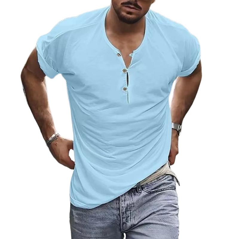 Men's Casual Solid Color Henley Collar Short Sleeve T-Shirt