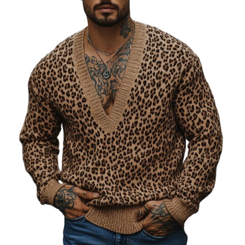 Men's Fashion Leopard Jacquard Deep V Neck Loose K...