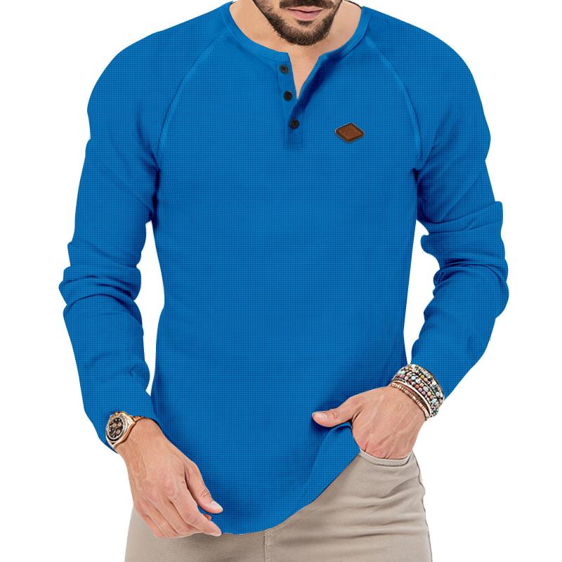 Men's Waffle Henley Collar Raglan Long Sleeve T-Shirt