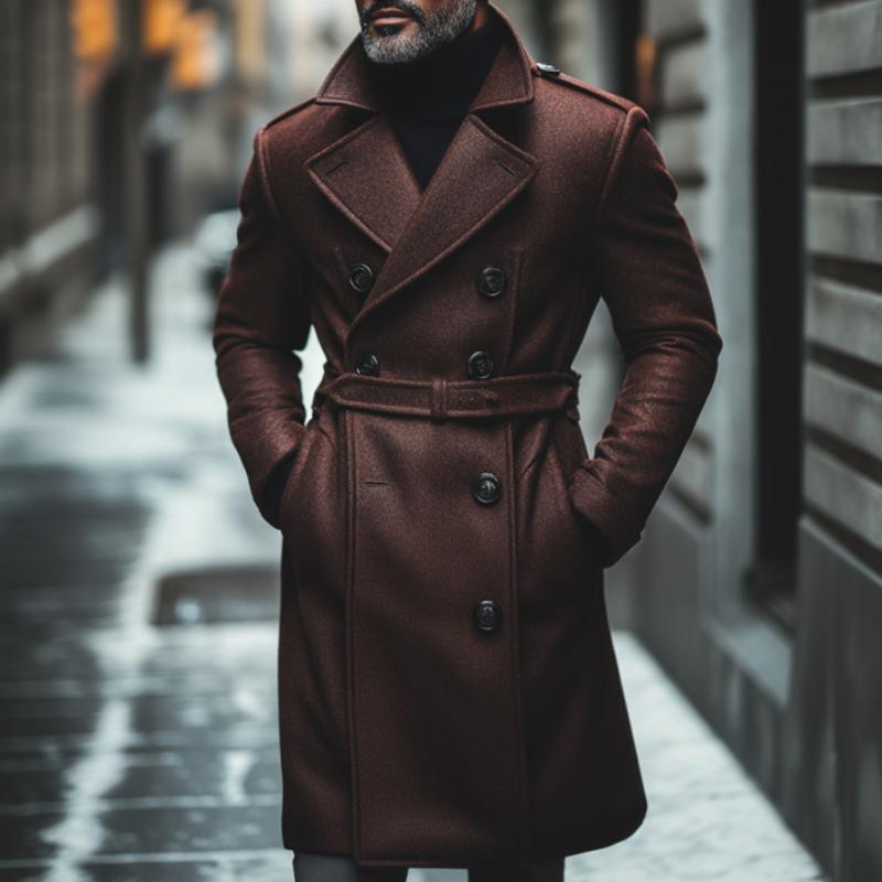 Men's Vintage Wool Blend Notch Lapel Double Breasted Slim Belt Coat