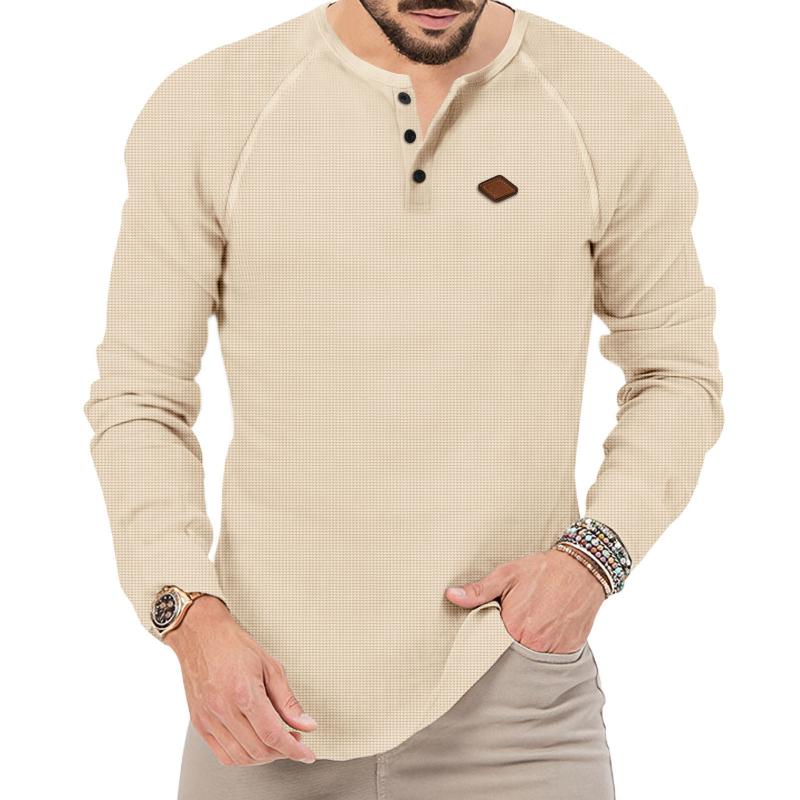 Men's Waffle Henley Collar Raglan Long Sleeve T-Shirt