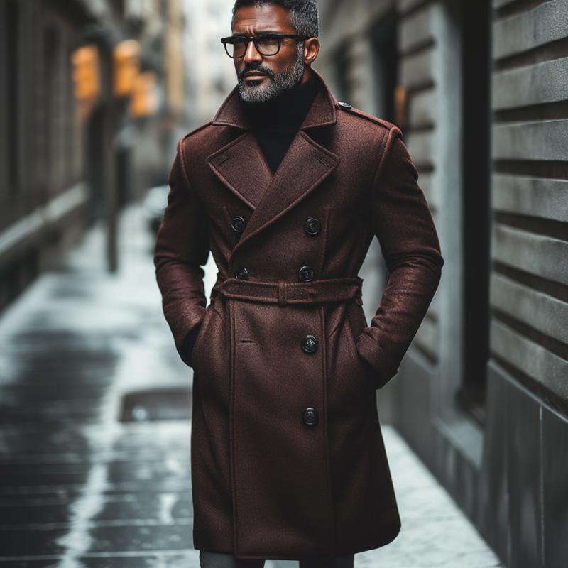 Men's Vintage Wool Blend Notch Lapel Double Breasted Slim Belt Coat