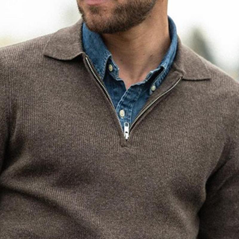 Men's Casual Vintage Solid Color Lapel Zipper Sweater