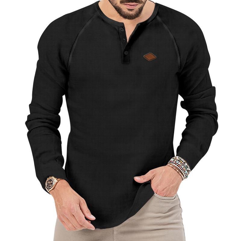 Men's Waffle Henley Collar Raglan Long Sleeve T-Shirt