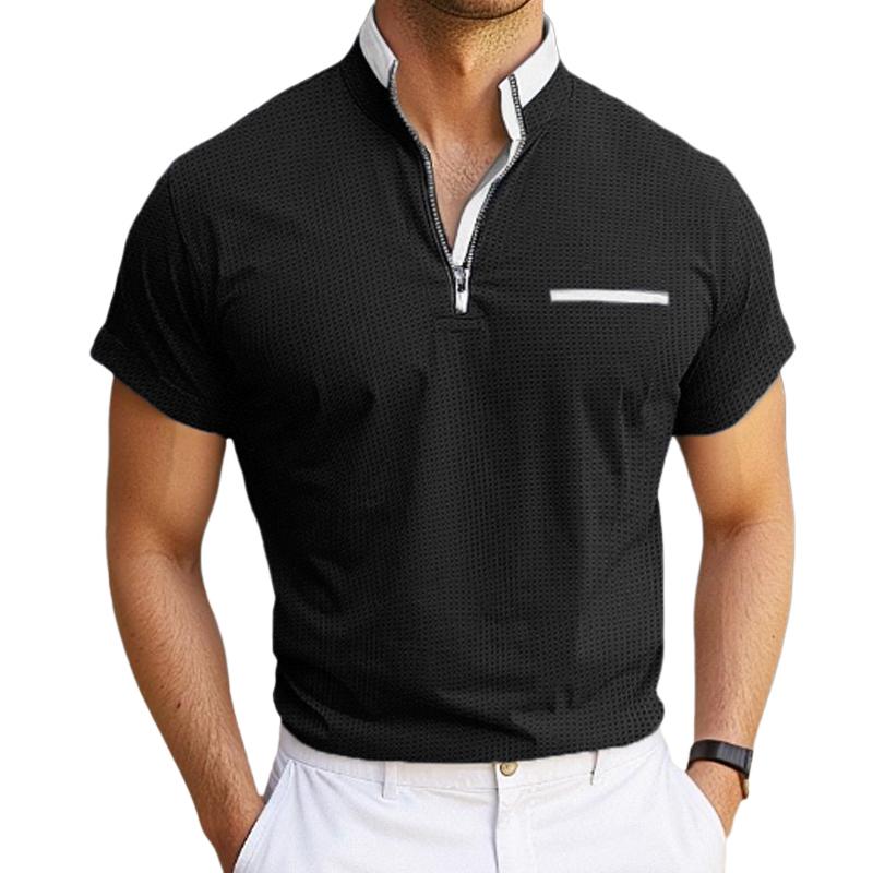 Men's Solid Color Waffle Zip Stand Collar Pocket Short Sleeve T-shirt